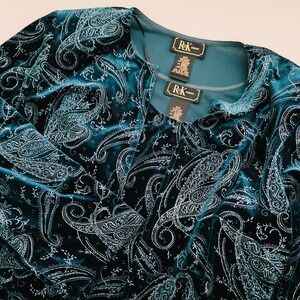 R&K Evening 2 Piece Set Teal Blue Velvet Paisley Glitter Womens 20W